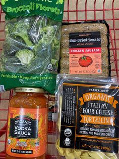 an open shopping cart with various foods in it, including broccoli and cheese