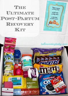 the ultimate post -partum recovery kit is packed in a white box and filled with snacks