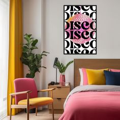 a bedroom with a bed, chair and artwork on the wall above it that reads disco disco disco disco