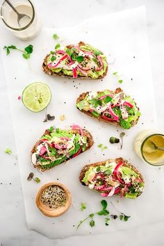 three pieces of bread with different toppings on them