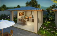 an artist's rendering of a small outdoor kitchen and dining area with umbrellas