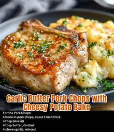 grilled pork chops with cheesy potato bake on a black plate