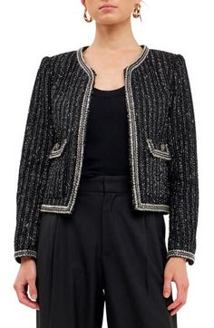 Sparkling sequins border this tactile tweed jacket knit with shimmering metallic threads. Jewel neck Lined 100% polyester Dry clean Imported Elegant Winter Outerwear With Contrast Sequin, Evening Tweed Jacket, Luxury Tweed Jacket For Fall Parties, Elegant Tweed Outerwear For Party, Fall Evening Tweed Outerwear, Tweed Outerwear For Evening In Fall, Elegant Tweed Party Outerwear, Chic Contrast Sequin Outerwear For Fall, Chic Fall Outerwear With Contrast Sequin