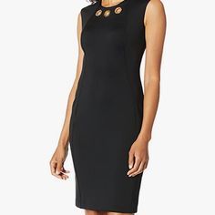 Petite Poly-Spandex Form Fitting Sheath Dress. Black Elastane Sheath Bodycon Dress, Elegant Black Elastane Bodycon Dress, Black Sheath Bodycon Dress, Black Sheath Midi Dress In Elastane, Black Elastane Bodycon Dress With Flattering Silhouette, Black Elastane Dresses For Work, Black Elastane Dress For Work, Black Elastane Workwear Dresses, Calvin Klein Stretch Bodycon Dress