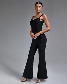 Chic Backless Top: Features an elegant backless design that adds a touch of sophistication and allure. High-Waist Pants: Includes high-waist wide leg pants that create a flattering and stylish silhouette. Figure-Hugging Bandage Fabric: Crafted from high-quality bandage fabric to ensure both comfort and a slimming fit. Sleek Black Color: A classic black hue that exudes timeless elegance and versatility. Perfect for Any Occasion: Ideal for evening parties, casual outings, or formal events where ma Club Outfits Summer, Pattern Wide Leg Pants, Bandage Jumpsuits, Jumpsuit Fitted, High Waist Wide Leg Pants, Jumpsuit Pattern, Backless Top, Backless Design, Pant Length