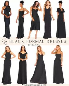 different types of formal dresses for women in black and white colors, from long to short