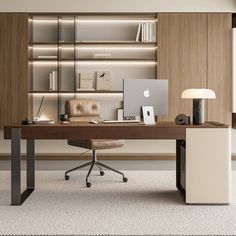 an office area with a desk, chair and bookshelf