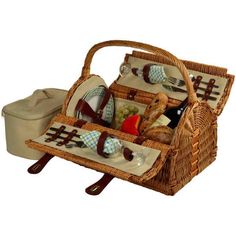 Uniquehandcrafteddeluxepicnicbasketinfullreedwillowwithattractivedometopshape&topcarryhandle.Includesapremiumpicnicsetfortwowithceramicplates,matchingcottonnapkins,glasswineglasses,stainlesssteelflatware,corkscrew,andnospillsalt&peppershakers.Alsoincludesaconvenientfoodcooler.Material:WickerDimensions:11x18.5x12.25 Food Cooler, Cooler Food, Blue Comforter Sets, Picnic Inspiration, Picnic Baskets, Wicker Picnic Basket, Picnic Set, Perfect Picnic, Great Wedding Gifts