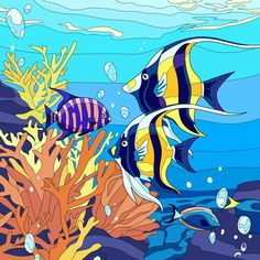 two tropical fish swimming in the ocean with corals and seaweed, coloring book page