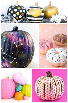 some painted pumpkins are shown with different colors and designs on them, including polka dots