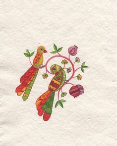 two colorful birds sitting next to each other on top of a piece of white paper