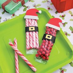 santa's red suit idea candy canes on a green tray