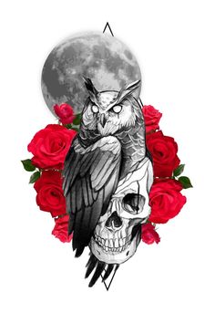 an owl sitting on top of a skull surrounded by red roses with the moon in the background