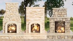 two stone fireplaces with fire in them sitting side by side on a brick patio