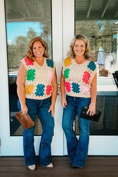 Fall is all about textures and this crocheted vest is full of color and texture! The granny squares are unique and give such a throwback look you will love! This sweater vest is slightly oversized. Janell is 5'5" and a sise 6 wearing size small. Dana is 5'4" and a size 12 wearing size medium. S: 4-8 M: 10-12 L: 12-14 XL: 16-18 Granny Square Sweater Vest, Crocheted Vest, Square Sweater, Granny Square Sweater, Nickel And Suede, Fall Transition, Boho Fall, Athleisure Wear, Granny Squares