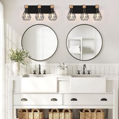 a bathroom with two mirrors and baskets on the floor next to it's sink