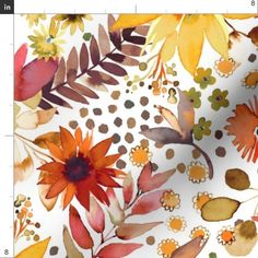 watercolor flowers and leaves on a white background with polka dotes in the center