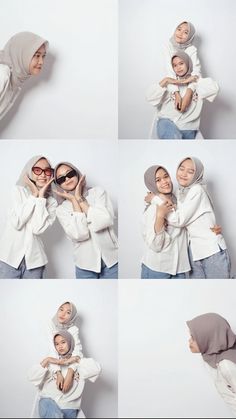 four different pictures of two women hugging each other