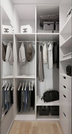 an organized closet with clothes and shoes