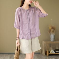 Details: Gender: Women Item Type: Blouse Material: Linen Pattern Type: Solid Season: Summer Style: Leisure, Daily, Retro Occasion: Going Out, Daily Size: One Size Length: 62.00 cm/ 24.41 " Bust: 116.00 cm/ 45.67 " Purple Half Sleeve Tops For Spring, Spring Purple Half Sleeve Blouse, Summer Purple Half Sleeve Blouse, Summer Crew Neck Blouse In Purple, Purple Crew Neck Blouse For Summer, Summer Purple Blouse With Crew Neck, Purple Short Sleeve Blouse For Spring, Casual Purple Blouse For Daywear, Purple Short Sleeve Tops For Daywear