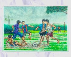 children playing soccer in the grass with one boy on his knees and two other boys running towards him