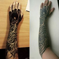 two pictures one with tattoos and the other with hands