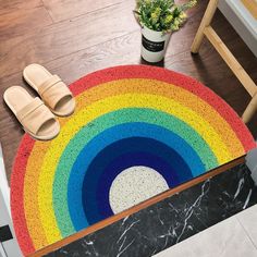 a pair of slippers sitting on top of a rainbow rug next to a potted plant