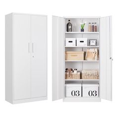 a white closet with two doors and shelves