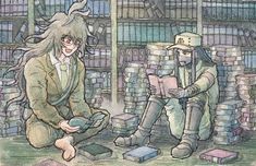 two people sitting on the ground in front of stacks of books