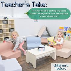 two children sitting on couches in a playroom with teacher's take sign above them