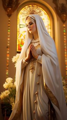 a statue of the virgin mary in front of a stained glass window with white flowers