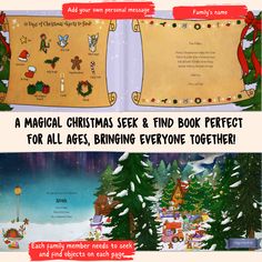 two christmas books with the title, a magic christmas seek and find book perfect for all ages, bring everyone together