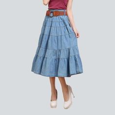 Elevate your wardrobe with our 2023 Spring-Summer Y2K-inspired long flare denim skirt! This eye-catching piece features a high-waist. tiered design with an embroidered y2k pattern. sanded finish. and a rubber closure for a perfect fit. Get ready to make heads turn with this timeless masterpiece!Why You'll Fall In Love Y2K Vibes: This statement piece is a vibrant tribute to the millennium's legendary fashion sense. High-Waist Design: Crafted to flatter your figure. the high-waist fit is perfect f Flare Denim Skirt, Denim Skirts Online, Flared Denim Skirt, Y2k Pattern, Y2k Vibes, Jeans Skirt, Body Curves, Modern Trend, Dark Blue Color