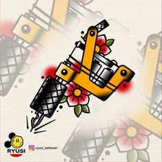 an image of a yellow tattoo machine with flowers on the front and bottom part of it