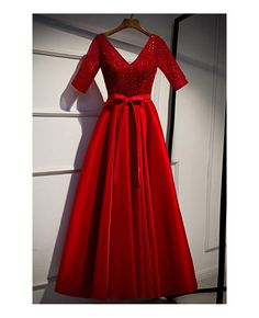 Shop modest vneck red satin formal dress with sequins sleeves online. All instock with free shipping. Pro since 2009. Satin Formal Dress, Dress With Sequins, Sequin Sleeve, Red Satin, Formal Dress, Red Formal Dress, Satin, Formal Dresses, V Neck