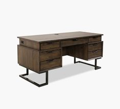 an office desk with two drawers and metal legs