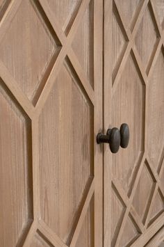 a close up of a wooden door with two knobs on the front and side