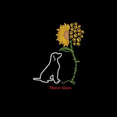 a dog sitting next to a sunflower with the words three sizes written on it