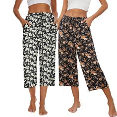 PRICES MAY VARY. Capri pajama pants for women are made of cotton polyester blend fabric, lightweight, breathable, stretchy, super soft against the skin and comfy enough for every day wearing Womans wide leg pants versatile enough to wear for pretty much any occasion, loungewear, casual wear, sleeping wear, pajama parties, yoga, vacation, or beaching wear; Also could be a great gift for mom, grandmother, wife or friends and families on Christmas Women's cotton lounge pants feature elastic waistba Cotton Sleepwear Trousers For Spring, Spring Cotton Sleepwear Pants, Spring Cotton Sleepwear Trousers, Cotton Trousers Sleepwear For Spring, Comfortable Summer Pants For Pajama Party, Casual Summer Sleepwear Trousers, Casual Wide Leg Sleepwear For Spring, Comfortable Pants For Pajama Party In Spring, Casual Bottoms With Elastic Waistband For Pajama Party