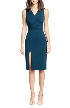 Flattering and sophisticated, this midi-length crepe dress features a figure-skimming silhouette, alluring side slits and a tie that wraps around the waist. 42 1/2" length Hidden back-zip closure V-neck Sleeveless Get the perfect fit—book an appointment with one of our alterations experts Lined 96% polyester, 4% spandex Hand wash, dry flat Imported Women's Clothing Sheath Dress Wedding Guest, Elegant Evening Bodycon Dress With Side Slits, Elegant Dress With Asymmetrical Neckline And Side Slits, Chic Dress With Asymmetrical Neckline And Side Slits, Elegant Midi Length Elastane Bodycon Dress, Knee-length Dresses With Flattering Cut For Cocktails, Elegant Midi Bodycon Dress With Side Slits, Chic Midi Dress With Side Slits For Dinner, Sleek Cocktail Midi Dress With Side Slits