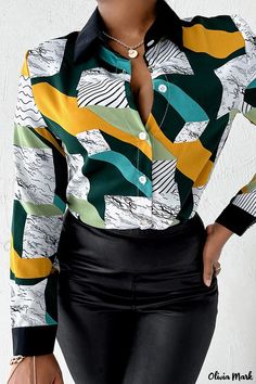 Olivia Mark - Stylish Green Casual Print Patchwork Top with a Fashionable Turndown Collar Multicolor Geometric Pattern Blouse For Workwear, Multicolor Workwear Blouse With Geometric Pattern, Multicolor Geometric Pattern Workwear Blouse, Green Patchwork Tops For Work, Green Patchwork Tops For Workwear, Multicolor Patchwork Tops For Work, Autumn Prints, Shirt Collar Styles, Elegant Blouses