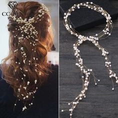 a woman wearing a hair piece with pearls on it and another photo of the back of her head