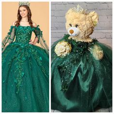 a teddy bear in a green dress with flowers on it and a stuffed bear wearing a tiara