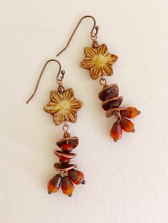 Czech Glass Flower Earrings, Premium Picasso Beads, Carved Straw Color Flower, Orange Teardrops, Cop Orange Accessories Aesthetic, Czech Bead Earrings, Knitting Moodboard, Multicoloured Earrings, Glass Flower Earrings, Flower Wire, Blue Picasso, Autumn Earrings, Czech Glass Jewelry