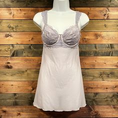 Comes With Panties Brand New With Tags Underwire Removable Cups Adjustable Ruffle Straps Comes With Adjustable Hook Body/Wing Lining: 90% Nylon/ 10% Spandex Lace: 62% Nylon / 23% Polyester / 15% Spandex Back Wing: 83% Nylon / 17% Spandex Cup Lining: 100% Polyester Cup Frame: Lining: 100% Nylon Lace Underwire Sleepwear For Loungewear, Sheer Camisole For Bedtime, Night Sleepwear With Lace Trim And Underwire, Fitted Delicate Lace Sleepwear For Bedtime, Fitted Coquette Chemise For Bedtime, Feminine Underwire Sleepwear For Loungewear, Fitted Sheer Camisole For Bedtime, Fitted Sleepwear With Built-in Bra For Bedtime, Coquette Fitted Nightgown With Built-in Bra