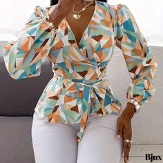 Bjux - Womens Spring Long Sleeve V-Neck Blouse with Geo Print and Belt Detail Belted Blouse, Belt Blouse, 2piece Outfits, Stylish Work Attire, Geometric Type, Belt Length, Classy Dress Outfits, Classy Work Outfits, Classy Casual Outfits