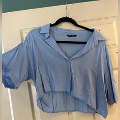 Blue Cropped Shirt From Shein Never Worn But Tags Are Taken Off Size L Please Message Me If You Would Like More Information Or Are Interested In Bundling! Trendy Blue V-neck Shirt, Spring Blue Collared Top, Trendy Collared Blue Blouse, Trendy Blue Collared Blouse, Blue Cotton Cropped Shirt For Summer, Blue Cropped Cotton Shirt, Trendy Blue Cropped Short Sleeve Shirt, Trendy Light Blue Collared Top, Trendy Light Blue Shirt For Day Out