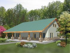 this is an artist's rendering of a small cabin style home with a covered porch