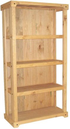 a wooden bookcase with three shelves on each side and one shelf above the other