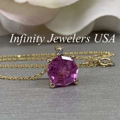 "The pendant pictured is lab created pink sapphire #6673. -Approximate total carat weight: 2.75ctw diamond equivalent -Stone Size: 9mm approx. 2.70ct diamond equivalent -Stone Shape: octagon/web cut -Gem Type: lab created pink sapphire -Stone Color: Pink -Stone Clarity: VS2 -Moh's Scale: 9 hardness Accent Stone -Stone Size: approx. .03ctw -Stone Shape: round -Gem Type: Diamond -Stone Color: G -Stone Clarity: SI1 -Moh's Scale: 10 hardness -Metal Type and Purity: 14k yellow gold -Setting: basket h Sapphire Pendant Necklace, Pink Sapphire Pendant, Dainty Pendant Necklace, Sapphire Necklace Pendants, Dainty Pendant, Sapphire Pendant, Yellow Gold Setting, Sapphire Stone, Necklace Dainty